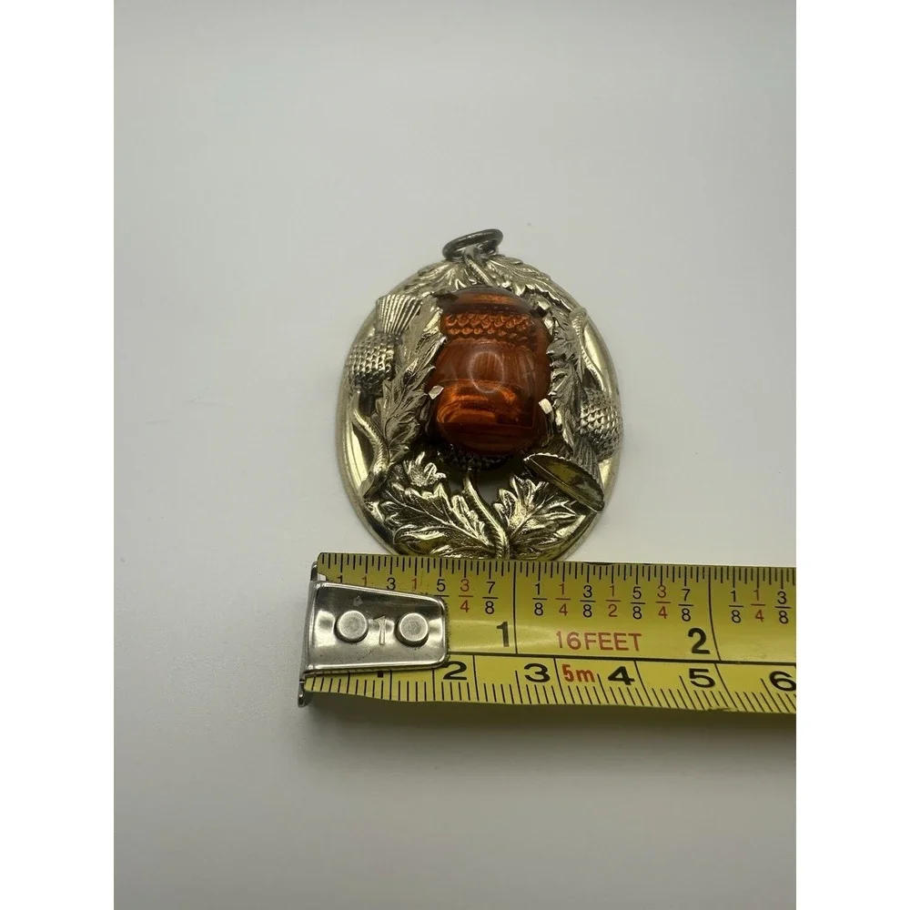 Vintage Scottish Thistle Oval Pendant Amber Glass Silver Tone Celtic Statement - Picture 3 of 4